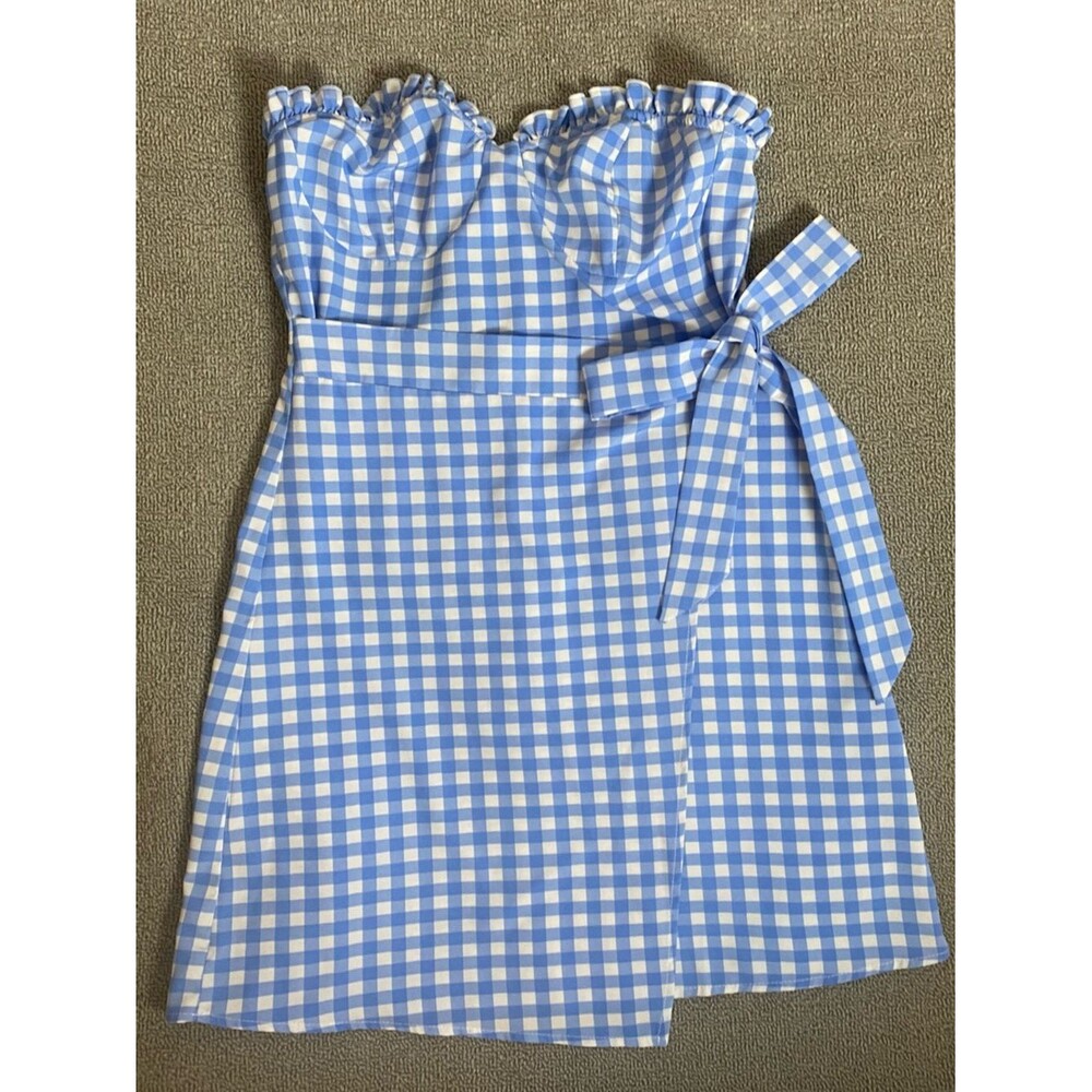 SHEIN Blue & White Gingham Strapless Summer Dress with Tie Waist- Beach Coastal